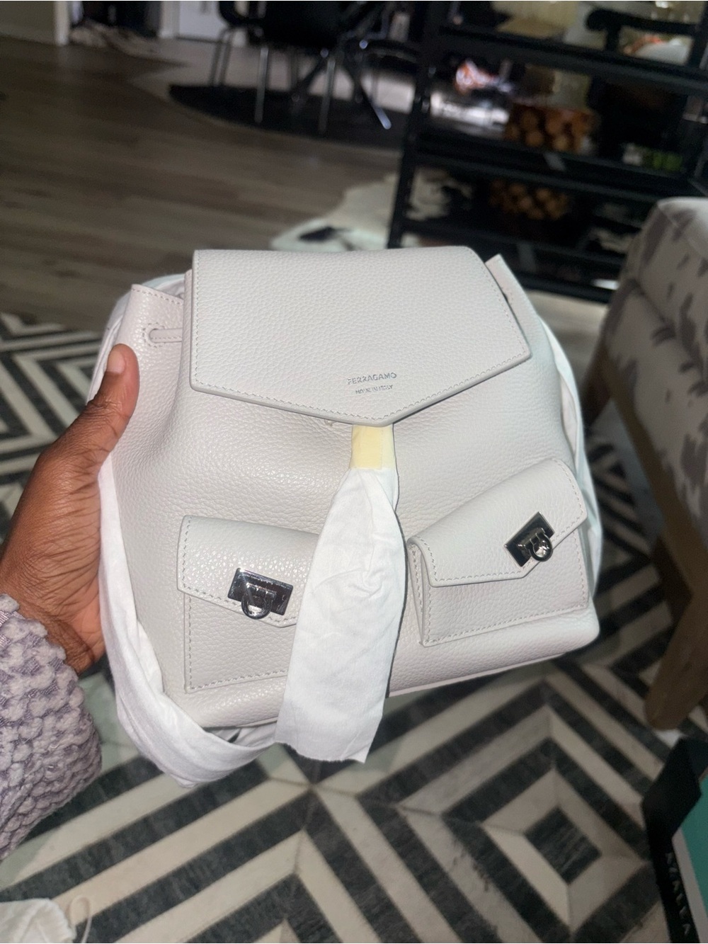 Salvatore Ferragamo White Pebbled Leather Backpack